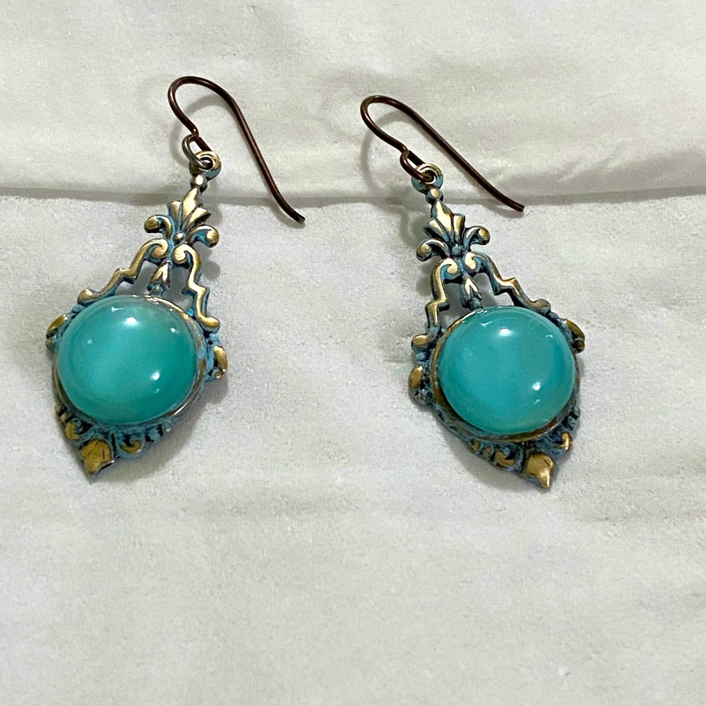 Blue Moonstone Earrings Niobium Ear Wires Vintaj Bridgerton Inspired Jewelry - Picture 3 of 6